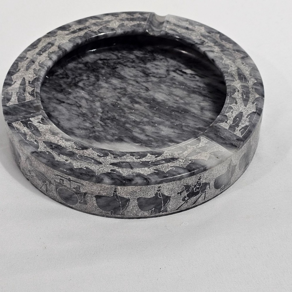 vintage hand-carved grey and black marble ashtray etched chariot and horses